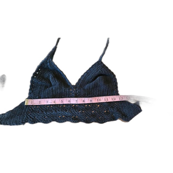 Lakhays Black Crochet Beach Bikini Bralette Crop Top One Size Boho Hippie 70's - Picture 3 of 4
